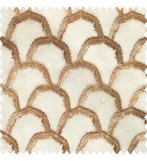 Dark chocolate brown beige white color traditional mix contemporary look scales pattern silver zari weaving designs with polyester transparent net fabric sheer curtain