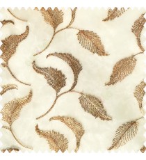 Dark chocolate brown beige white color beautiful floral leaves silver zari embroidery patterns with transparent net polyester fabric sheer curtain