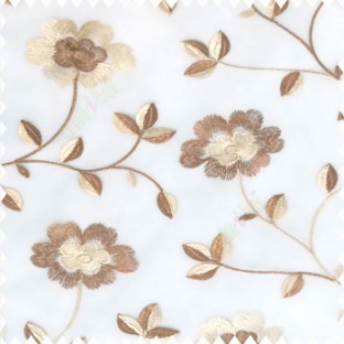 Dark chocolate brown beige white color beautiful flower silver zari embroidery elegant look finished small leaves long branches with blossoms transparent net fabric polyester sheer curtain