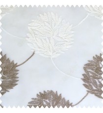 Grey cream white color big texture floral leaves interconnected with embroidery chain small leaf bunch polyester net base fabric sheer curtain