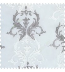 Grey cream white color traditional damask pattern embroidery zari weaving designs with net finished background polyester sheer curtain