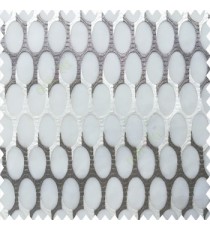 Grey cream white color traditional designs soft and silver zari embroidery geometric oval shapes embossed patterns with transparent net background sheer curtain