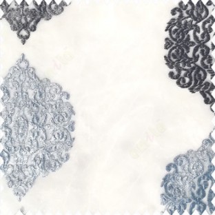 Blue grey white color traditional designs silver zari weaving damask pattern with polyester transparent net fabric elegant look finished sheer curtain