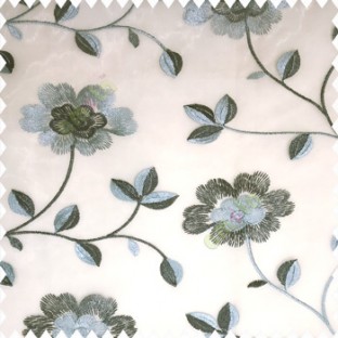 Blue grey white color beautiful flower silver zari embroidery elegant look finished small leaves long branches with blossoms transparent net fabric polyester sheer curtain