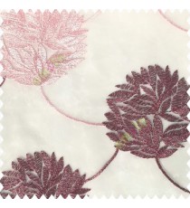 Dark pink with baby pink white color big texture floral leaves interconnected with embroidery chain small leaf bunch polyester net base fabric sheer curtain