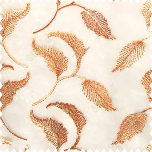 Orange beige white color beautiful floral leaves silver zari embroidery patterns with transparent net polyester fabric sheer curtain