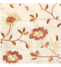 Orange beige white color beautiful flower silver zari embroidery elegant look finished small leaves long branches with blossoms transparent net fabric polyester sheer curtain