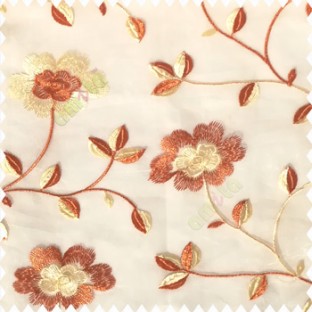 Orange beige white color beautiful flower silver zari embroidery elegant look finished small leaves long branches with blossoms transparent net fabric polyester sheer curtain