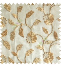 Gold silver color beautiful natural flower leaf vertical flowing embroidery texture finished with transparent net fabric see through sheer curtain