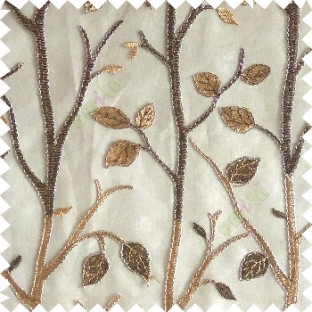 Gold brown silver color natural tree leaf elegant look texture finished embroidery designs traditional patterns transparent background sheer curtain