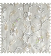 Cream silver color beautiful natural flower leaf vertical flowing embroidery texture finished with transparent net fabric see through sheer curtain