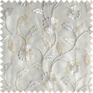 Cream silver color beautiful natural flower leaf vertical flowing embroidery texture finished with transparent net fabric see through sheer curtain