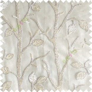 Cream silver color natural tree leaf elegant look texture finished embroidery designs traditional patterns transparent background sheer curtain