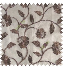 Dark chocolate brown silver color beautiful natural flower leaf vertical flowing embroidery texture finished with transparent net fabric see through sheer curtain