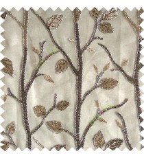 Dark chocolate brown beige silver color natural tree leaf elegant look texture finished embroidery designs traditional patterns transparent background sheer curtain