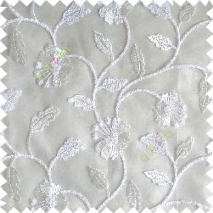 Pure white silver color beautiful natural flower leaf vertical flowing embroidery texture finished with transparent net fabric see through sheer curtain