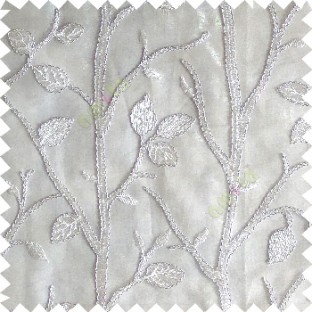 Pure white silver color natural tree leaf elegant look texture finished embroidery designs traditional patterns transparent background sheer curtain