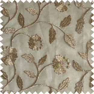 Brown silver color beautiful natural flower leaf vertical flowing embroidery texture finished with transparent net fabric see through sheer curtain