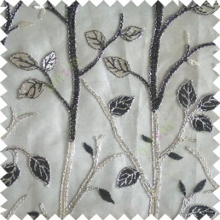 Black silver color natural tree leaf elegant look texture finished embroidery designs traditional patterns transparent background sheer curtain
