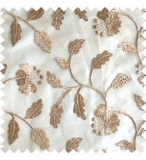 Light brown silver color beautiful natural flower leaf vertical flowing embroidery texture finished with transparent net fabric see through sheer curtain