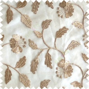 Light brown silver color beautiful natural flower leaf vertical flowing embroidery texture finished with transparent net fabric see through sheer curtain