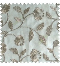 Beige silver color beautiful natural flower leaf vertical flowing embroidery texture finished with transparent net fabric see through sheer curtain