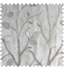 Beige silver color natural tree leaf elegant look texture finished embroidery designs traditional patterns transparent background sheer curtain