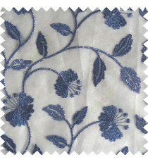 Royal blue silver grey color beautiful natural flower leaf vertical flowing embroidery texture finished with transparent net fabric see through sheer curtain