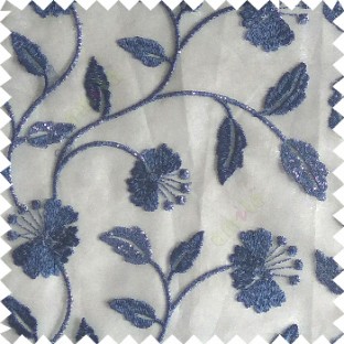 Royal blue silver grey color beautiful natural flower leaf vertical flowing embroidery texture finished with transparent net fabric see through sheer curtain