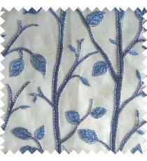 Royal blue silver grey color natural tree leaf elegant look texture finished embroidery designs traditional patterns transparent background sheer curtain