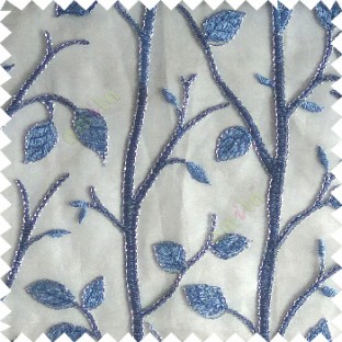 Royal blue silver grey color natural tree leaf elegant look texture finished embroidery designs traditional patterns transparent background sheer curtain