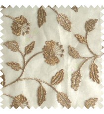 Golden brown silver color beautiful natural flower leaf vertical flowing embroidery texture finished with transparent net fabric see through sheer curtain