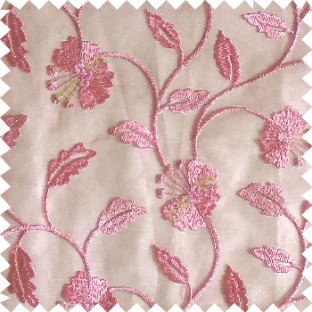 Pink silver color beautiful natural flower leaf vertical flowing embroidery texture finished with transparent net fabric see through sheer curtain