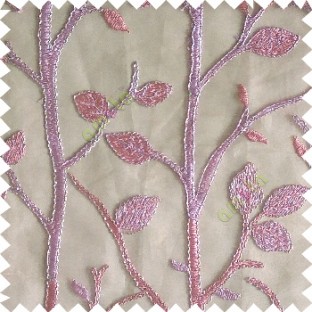 Pink silver color natural tree leaf elegant look texture finished embroidery designs traditional patterns transparent background sheer curtain