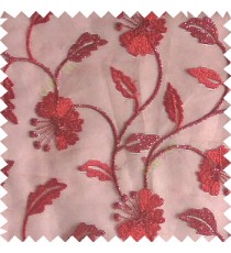 Red silver color beautiful natural flower leaf vertical flowing embroidery texture finished with transparent net fabric see through sheer curtain