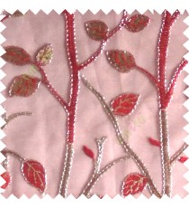 Red silver color natural tree leaf elegant look texture finished embroidery designs traditional patterns transparent background sheer curtain