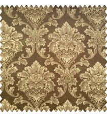 Dark chocolate brown beige color traditional texture damask finished damask pattern with polyester base fabric leaves swirls main curtain