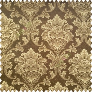 Dark chocolate brown beige color traditional texture damask finished damask pattern with polyester base fabric leaves swirls main curtain