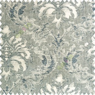 Blue beige color traditional damask pattern crushed background vertical embossed short lines texture finished swirls leaves decorative designs polyester and cotton based main curtain