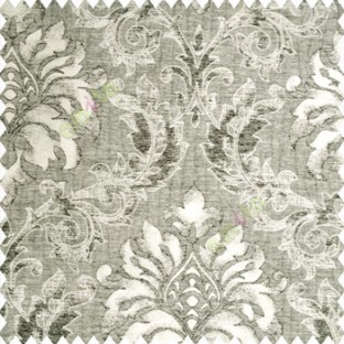 Black beige grey color traditional damask pattern crushed background vertical embossed short lines texture finished swirls leaves decorative designs polyester and cotton based main curtain