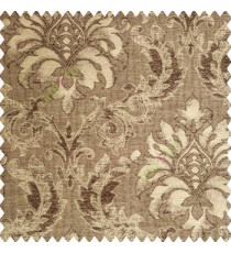 Dark brown gold color traditional damask pattern crushed background vertical embossed short lines texture finished swirls leaves decorative designs polyester and cotton based main curtain