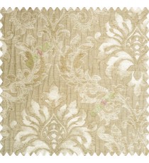 Gold beige color traditional damask pattern crushed background vertical embossed short lines texture finished swirls leaves decorative designs polyester and cotton based main curtain