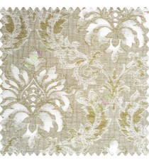 Green cream color traditional damask pattern crushed background vertical embossed short lines texture finished swirls leaves decorative designs polyester and cotton based main curtain