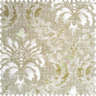 Green cream color traditional damask pattern crushed background vertical embossed short lines texture finished swirls leaves decorative designs polyester and cotton based main curtain