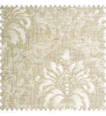 Cream color traditional damask pattern crushed background vertical embossed short lines texture finished swirls leaves decorative designs polyester and cotton based main curtain