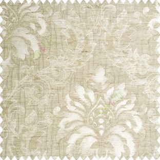 Cream color traditional damask pattern crushed background vertical embossed short lines texture finished swirls leaves decorative designs polyester and cotton based main curtain