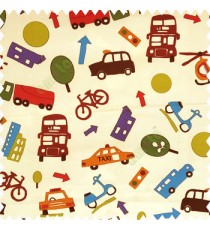 Green brown black blue orange color full kids playing toys taxi balls helicopter cars scooter cycles ambulance traffic light patterns on pale yellow color base fabric pure main curtain