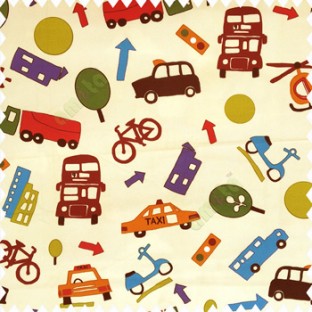 Green brown black blue orange color full kids playing toys taxi balls helicopter cars scooter cycles ambulance traffic light patterns on pale yellow color base fabric pure main curtain