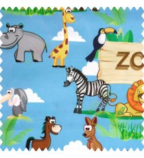 Orange brown black yellow grey green beige blue color zebra kangaroo panda giraffe lions eagle zoo plants ferns clouds kids animal characters pure cotton main curtain