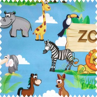 Orange brown black yellow grey green beige blue color zebra kangaroo panda giraffe lions eagle zoo plants ferns clouds kids animal characters pure cotton main curtain